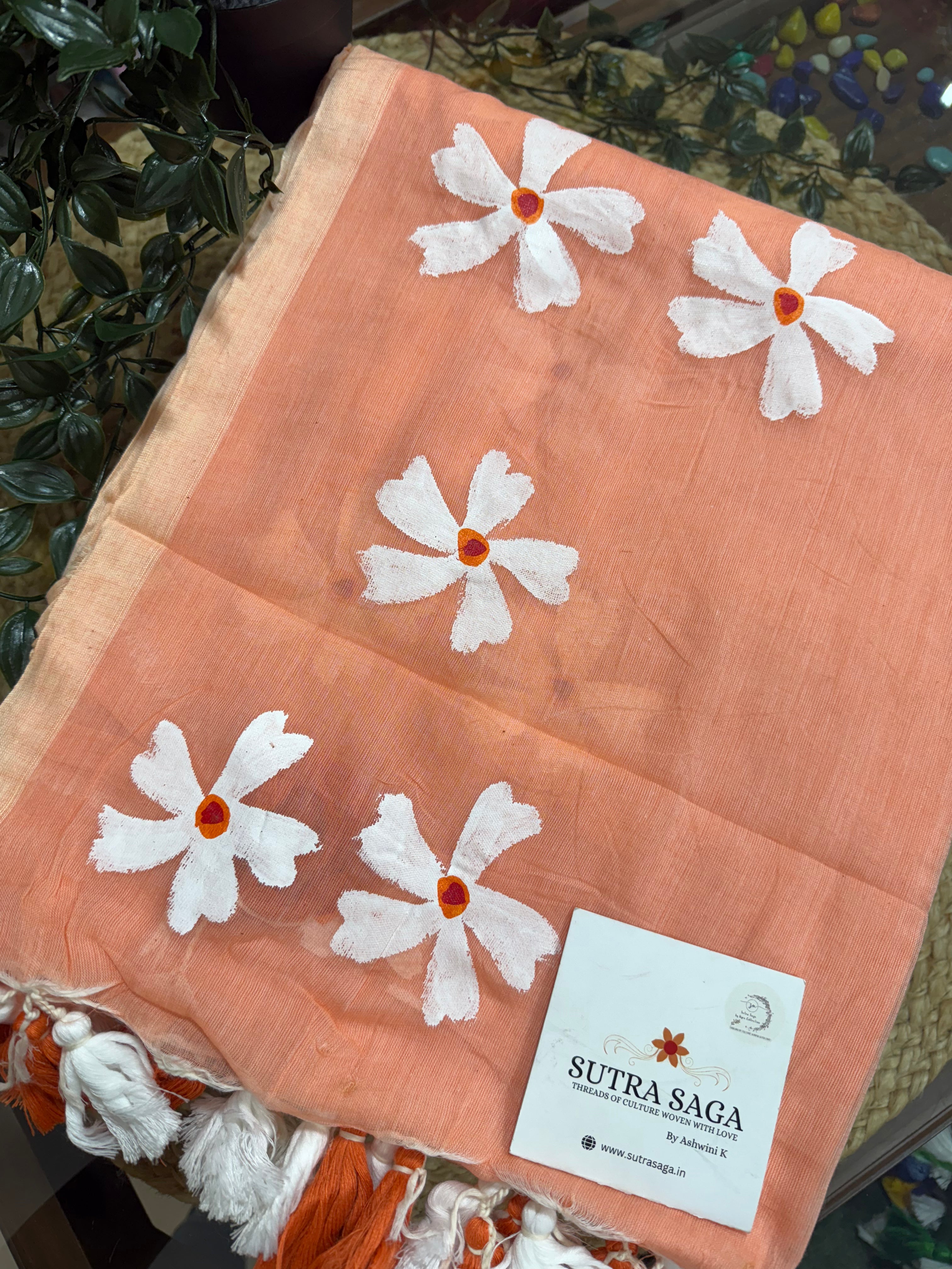 Mul Cotton - Hand painted Parijat Saree