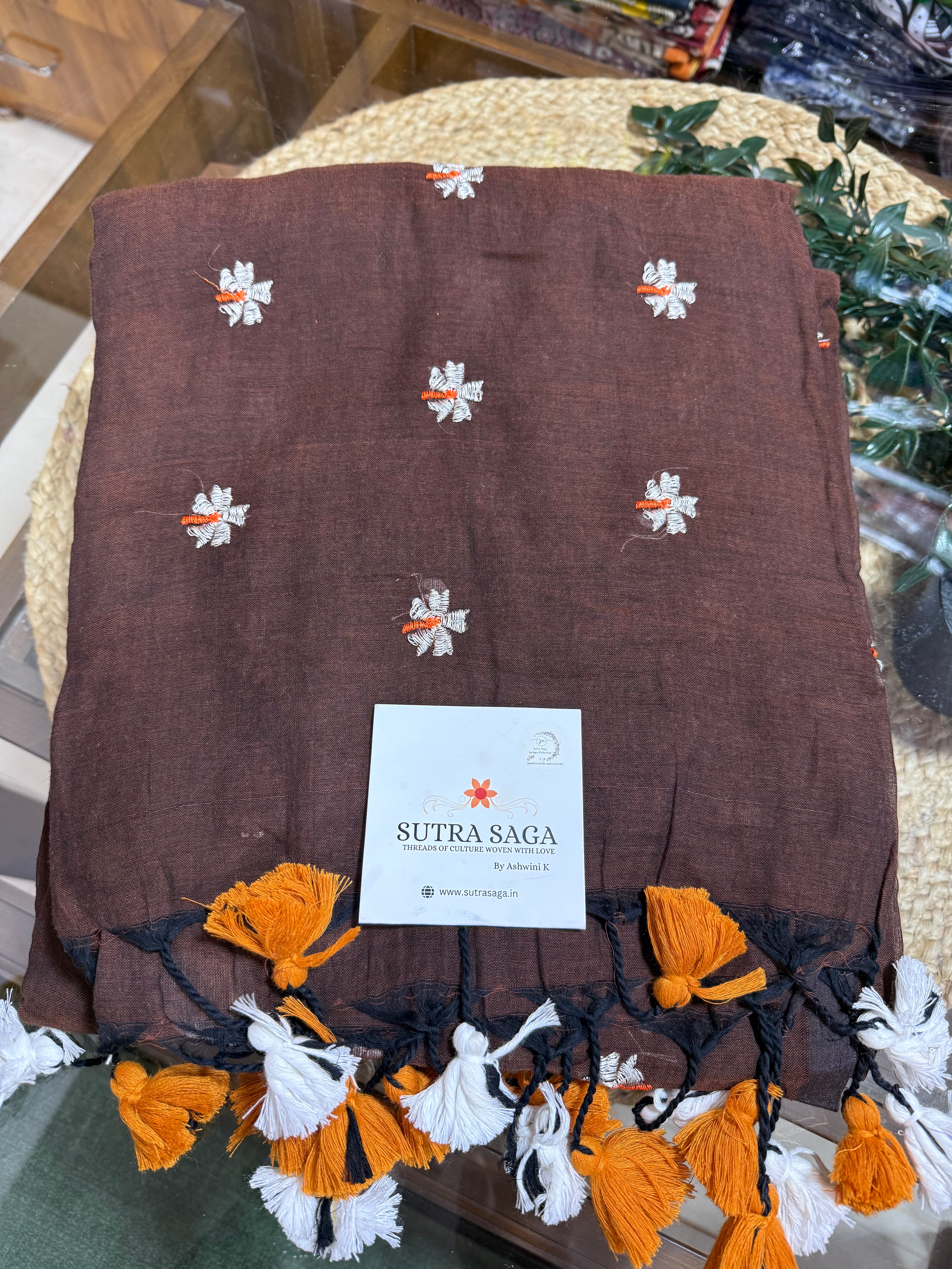 Parijat Mul Cotton Saree - Brown