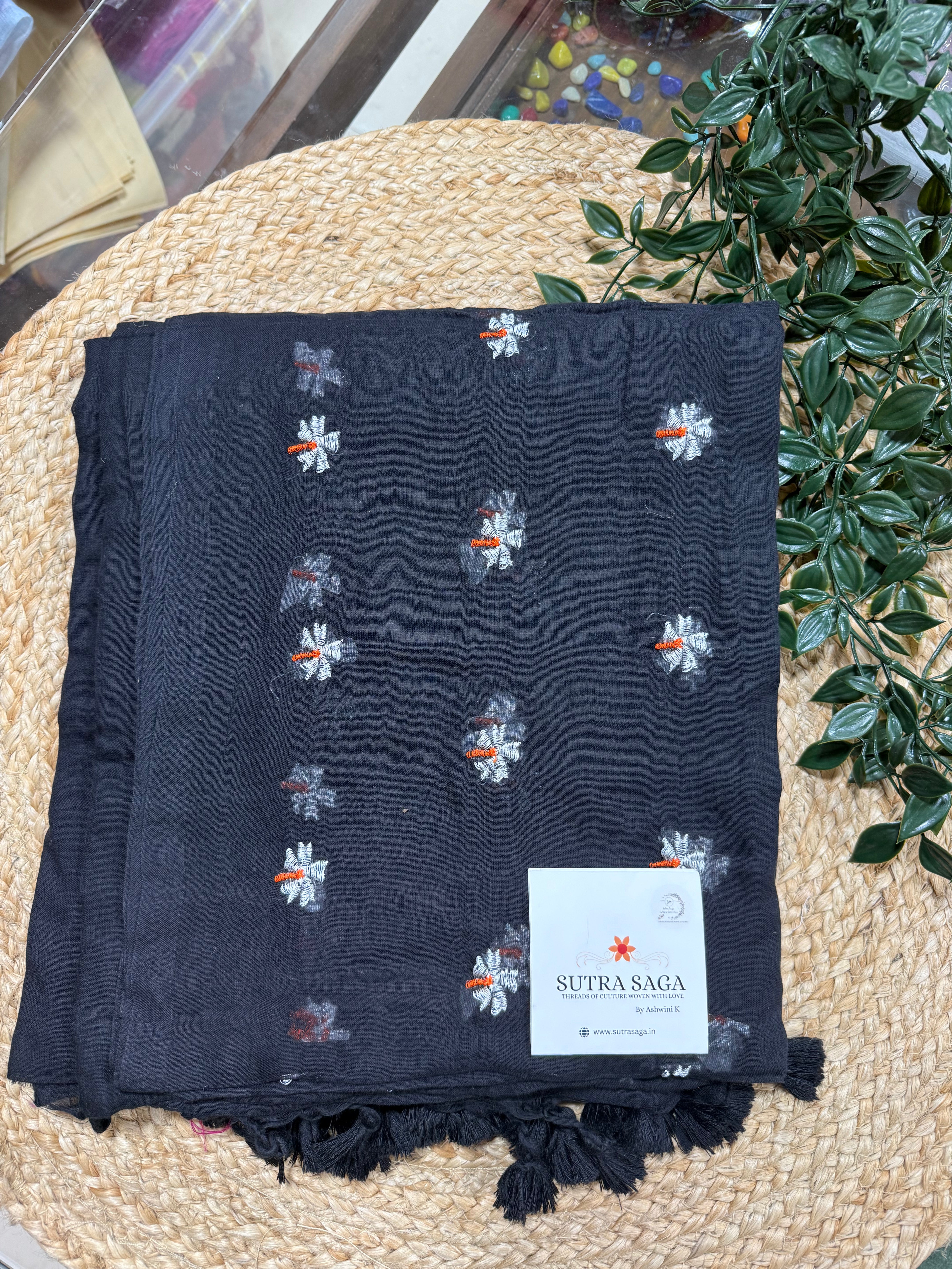 Mul Cotton  Parijat embroidery Saree