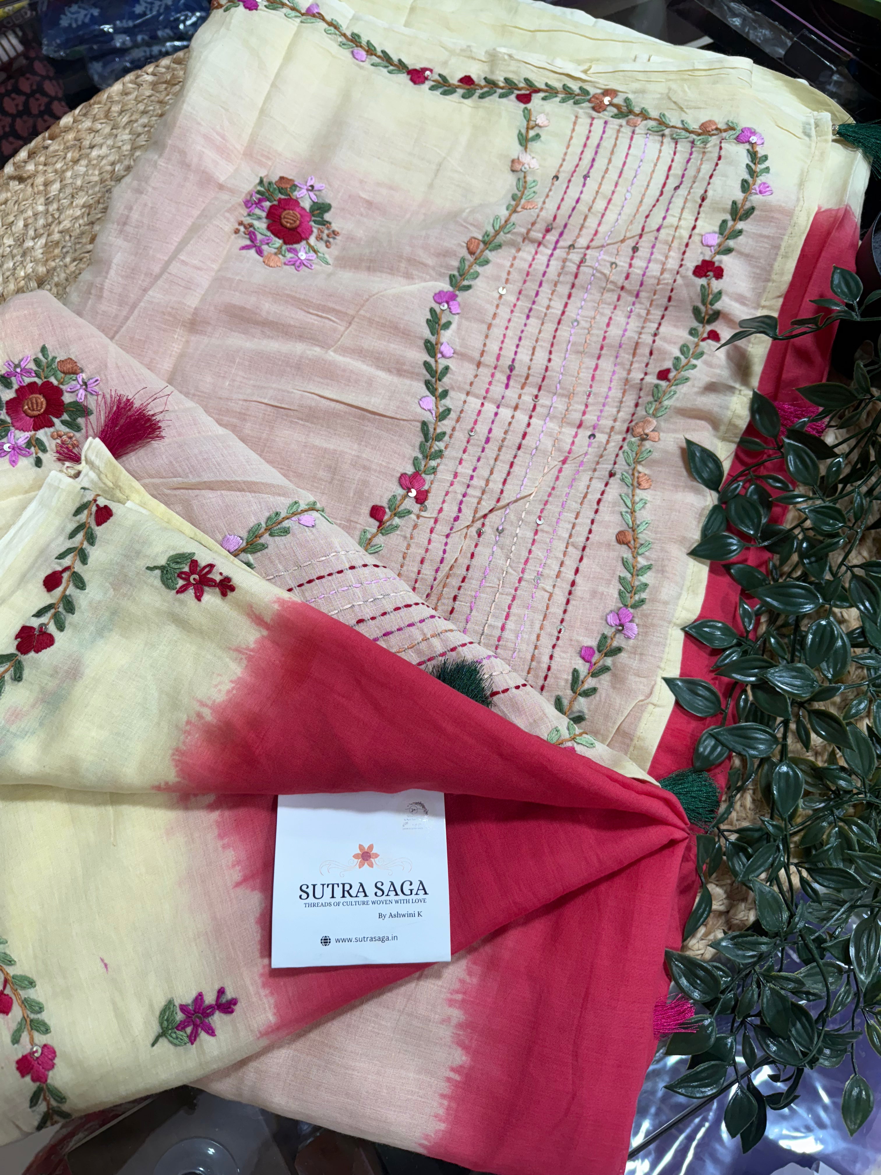 Mul Cotton Saree with Natural Dye and Hand Embroidery