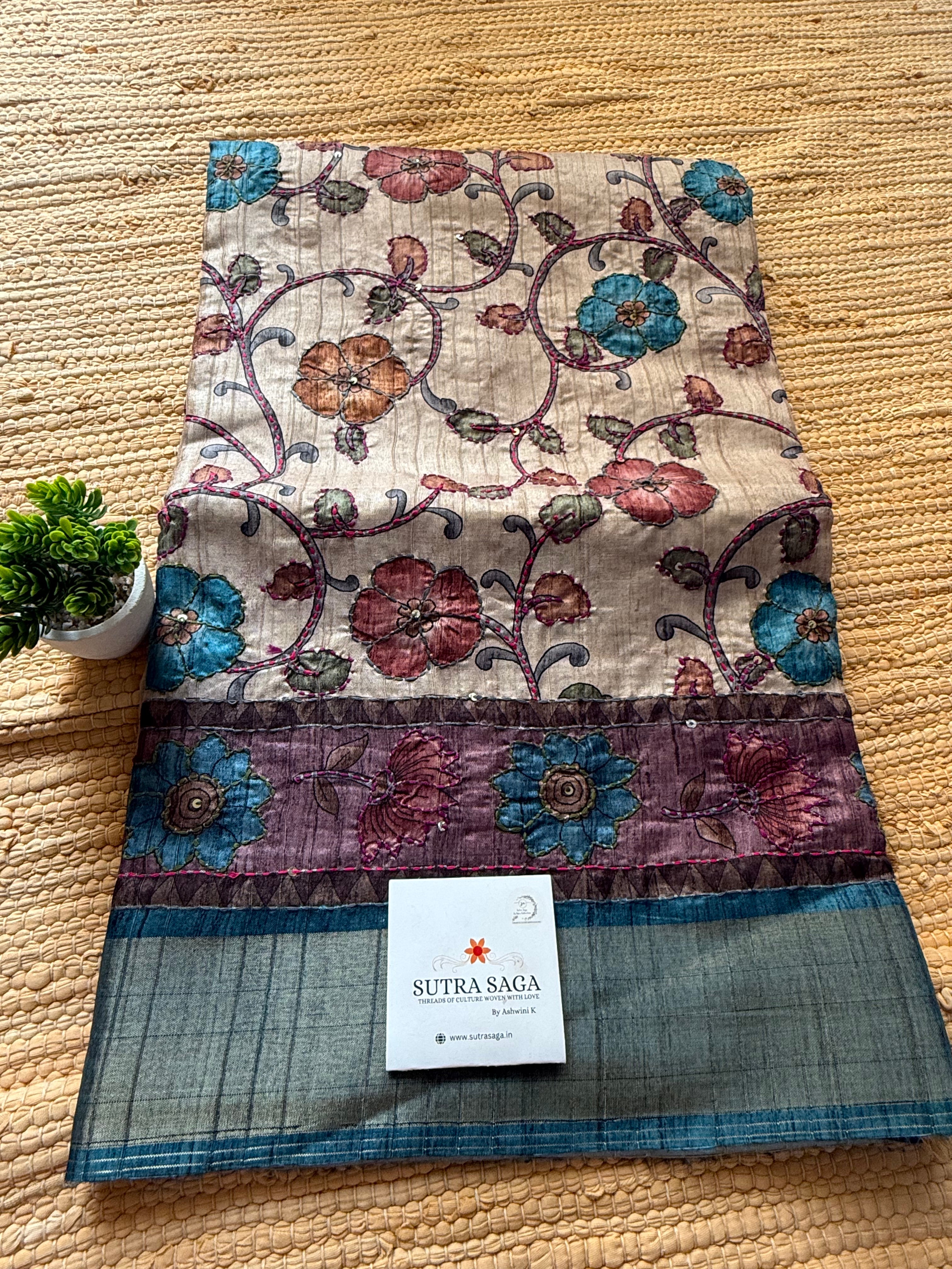 Purna Collection - Tassar silk Saree with Kantha Stitch