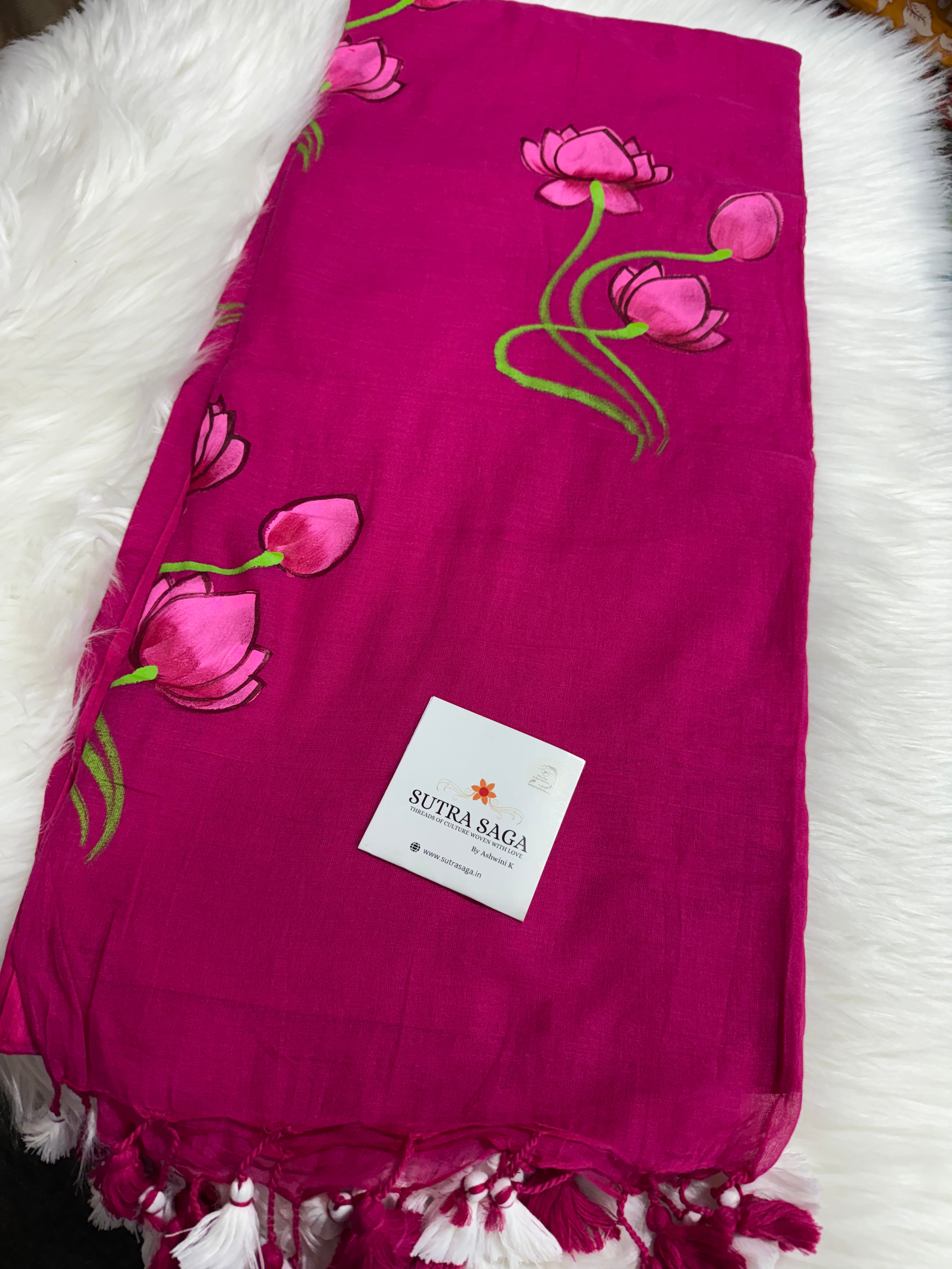 Pichwai Lotus Handpainted Mul Cotton Saree