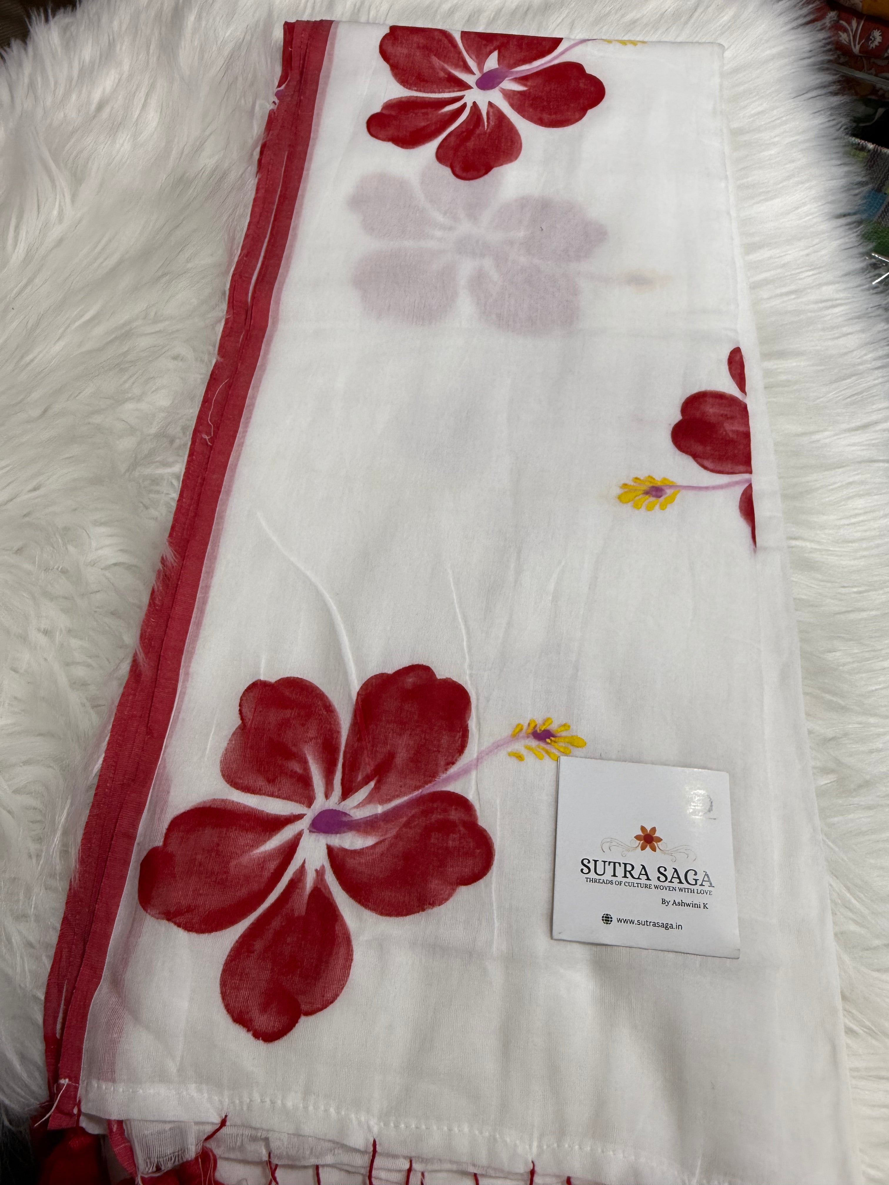 Jaswand Handpainted Mul Cotton Saree
