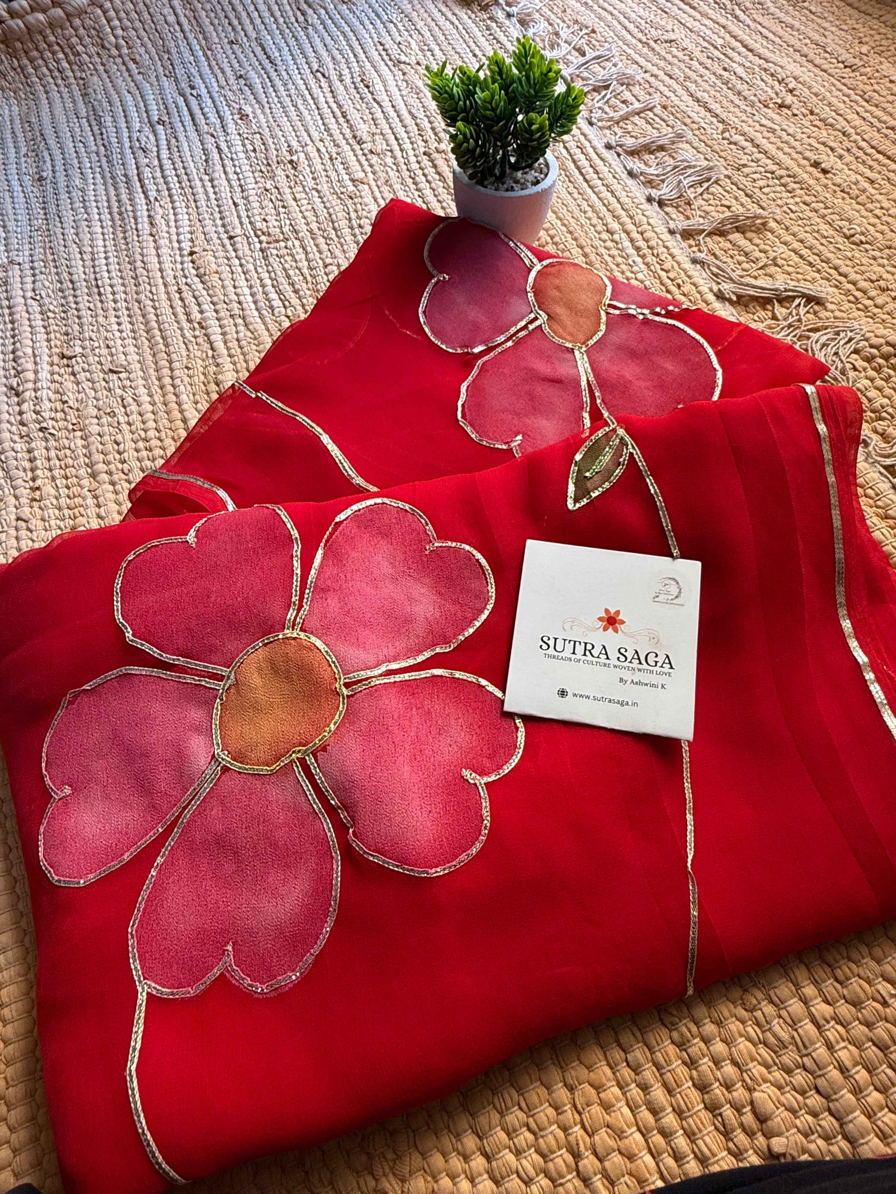 Mohini- Handpainted Hand embroidery chiffon Saree