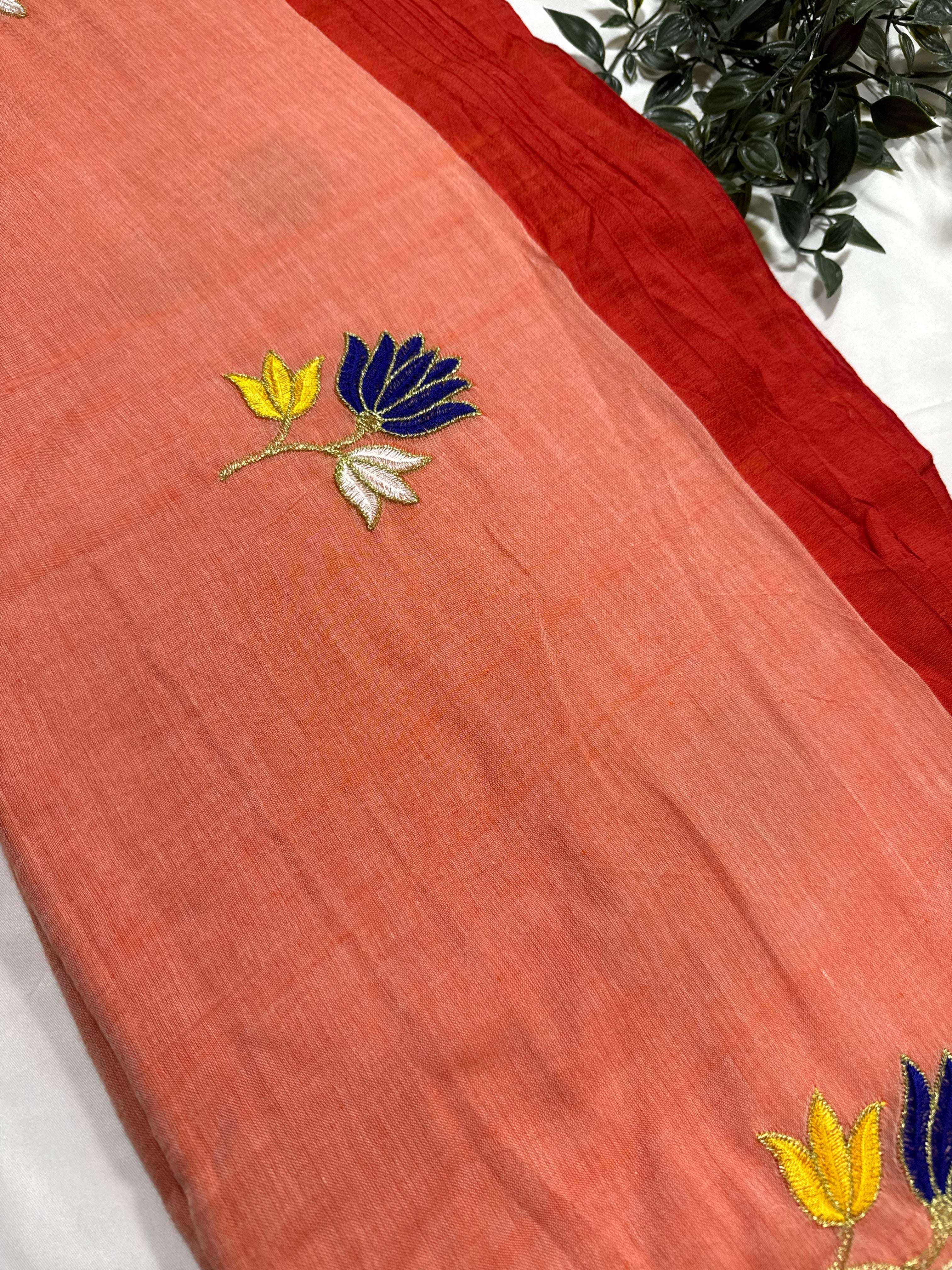 Mul Cotton Lotus embroidery Saree