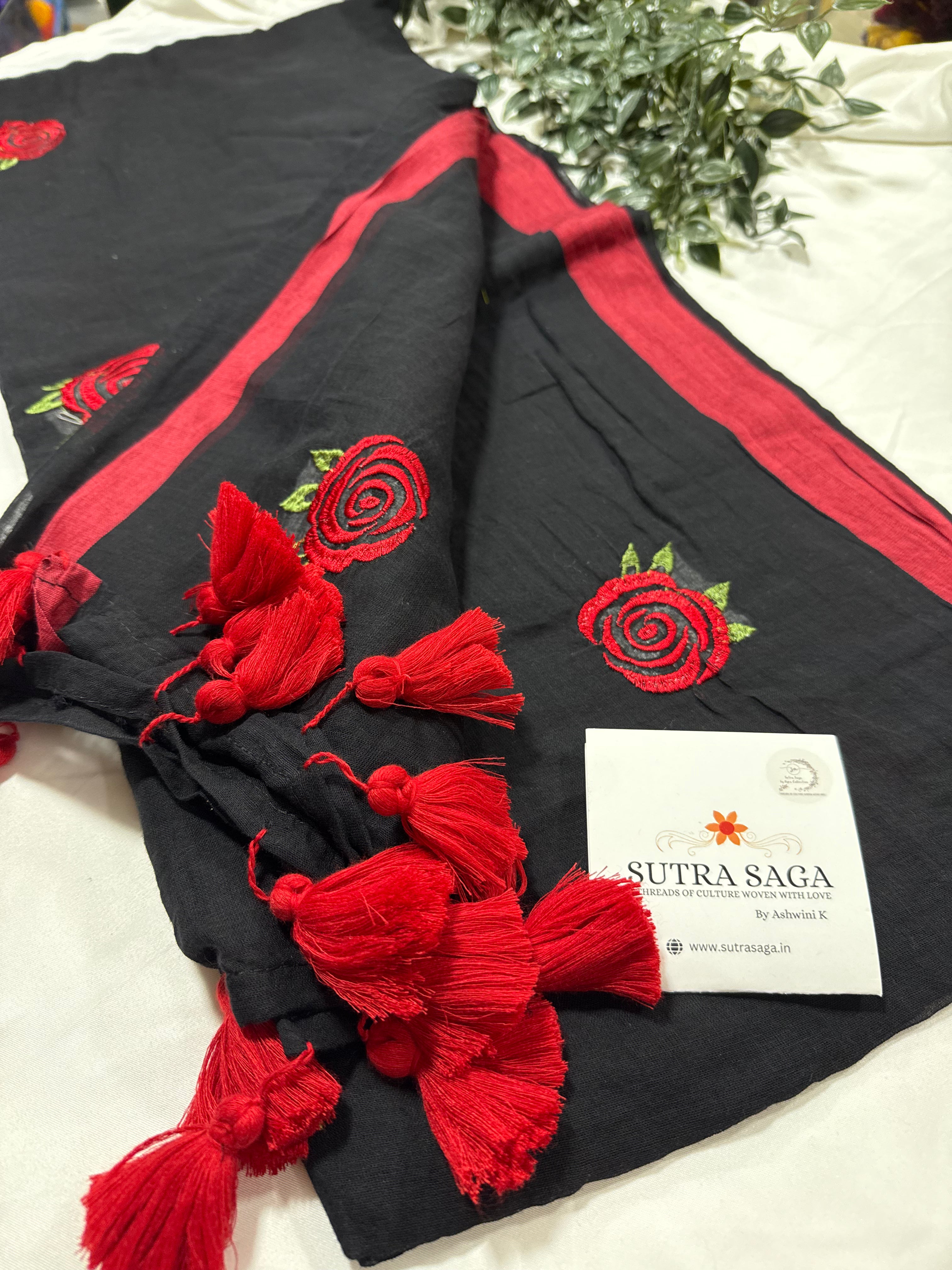 Mul Cotron Rose Embroidery Saree