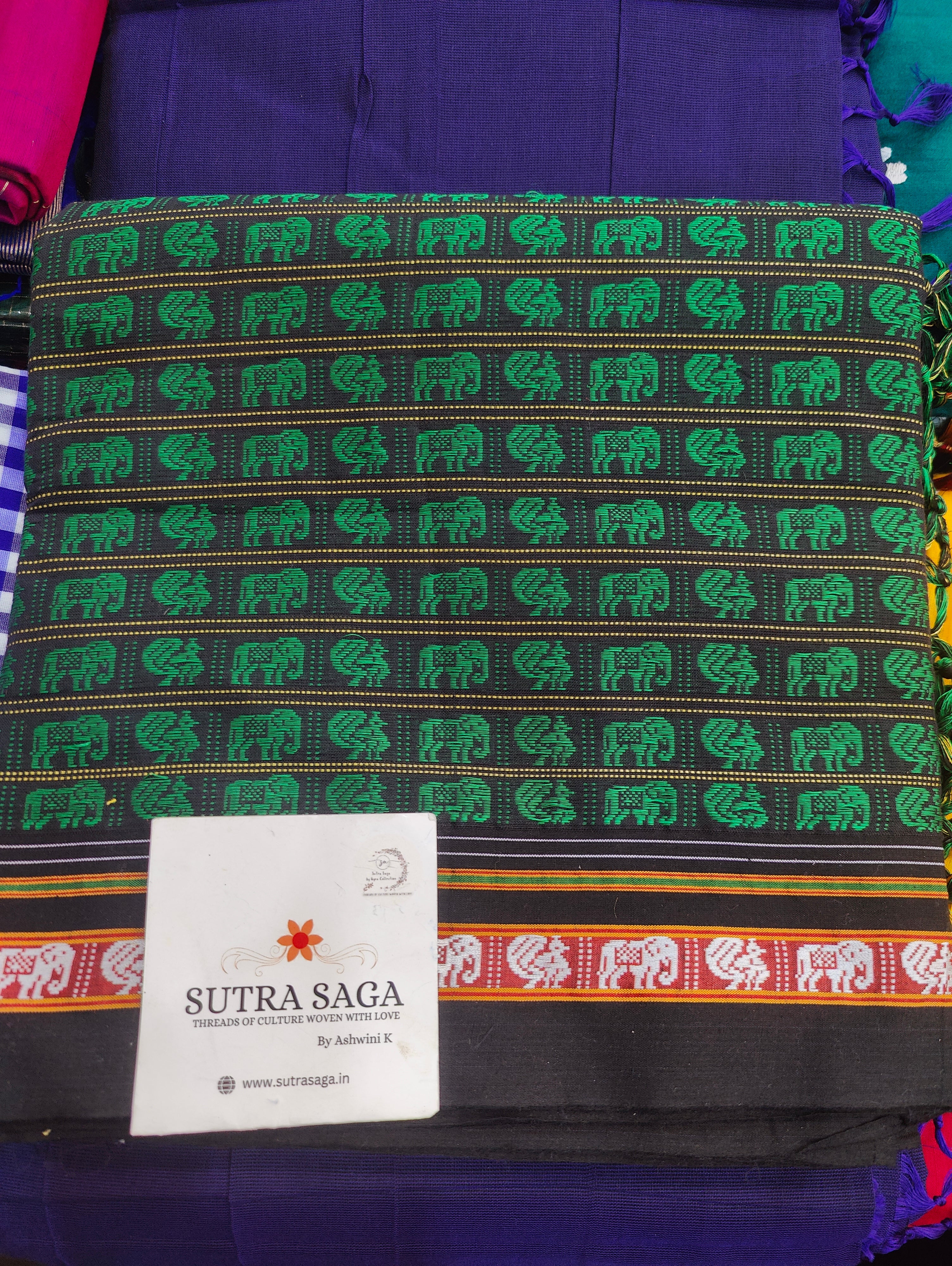 Gaj Mayur Khun Saree Green with Black Border