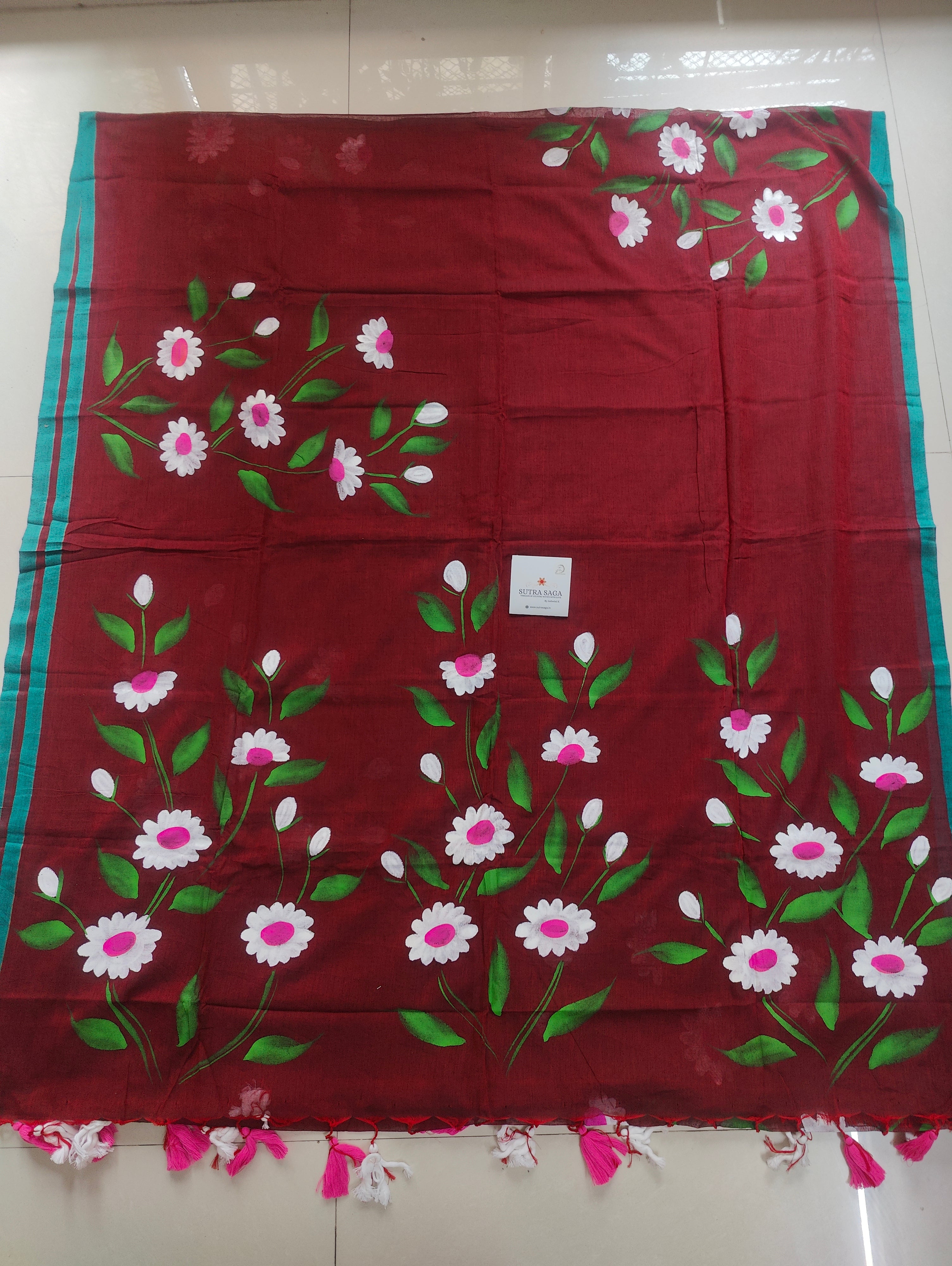 Mul Cotton Hand-painted Sarees Daisy flower