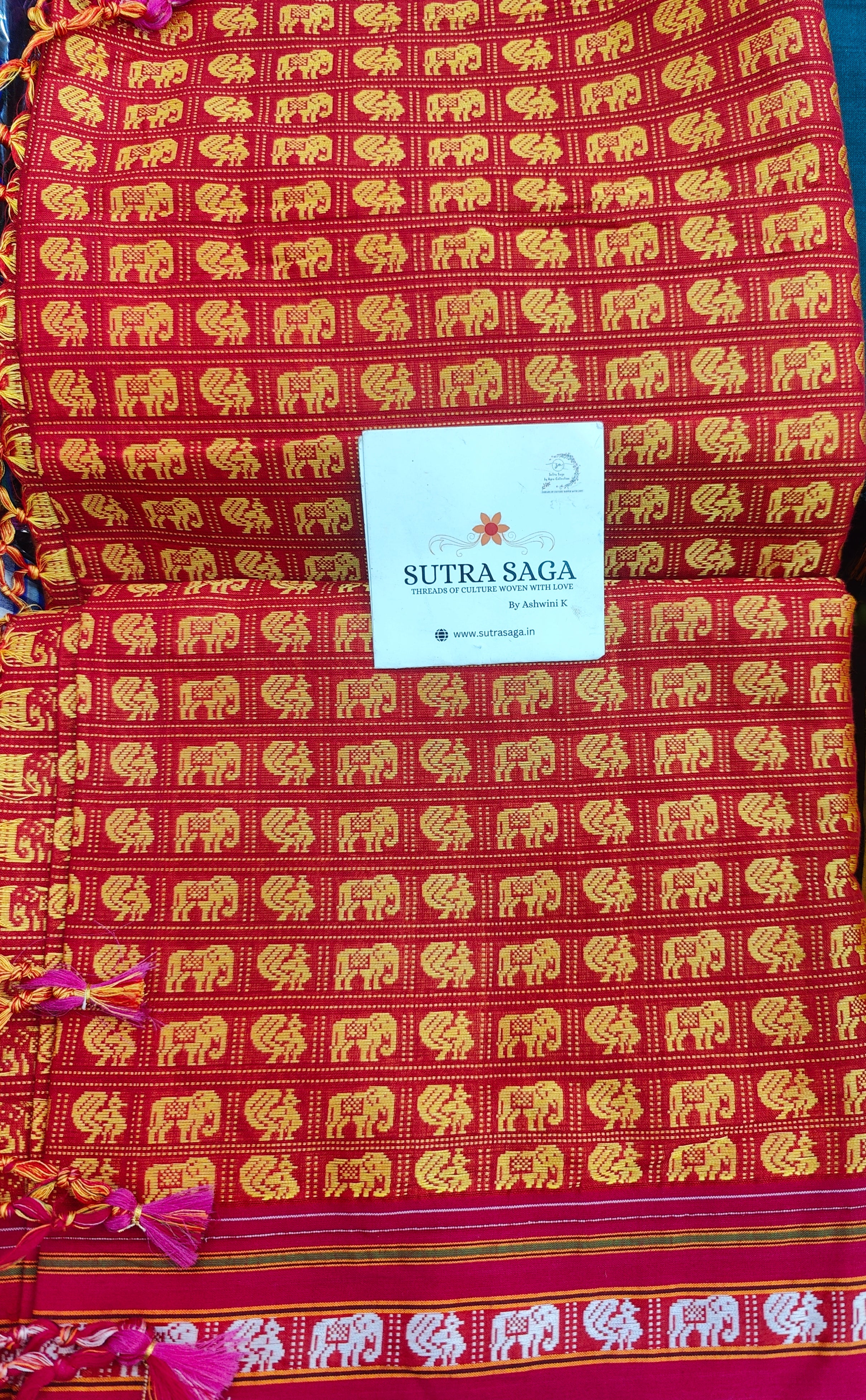 Gaj Mayur Khun Saree - Orange colour with Pink Border