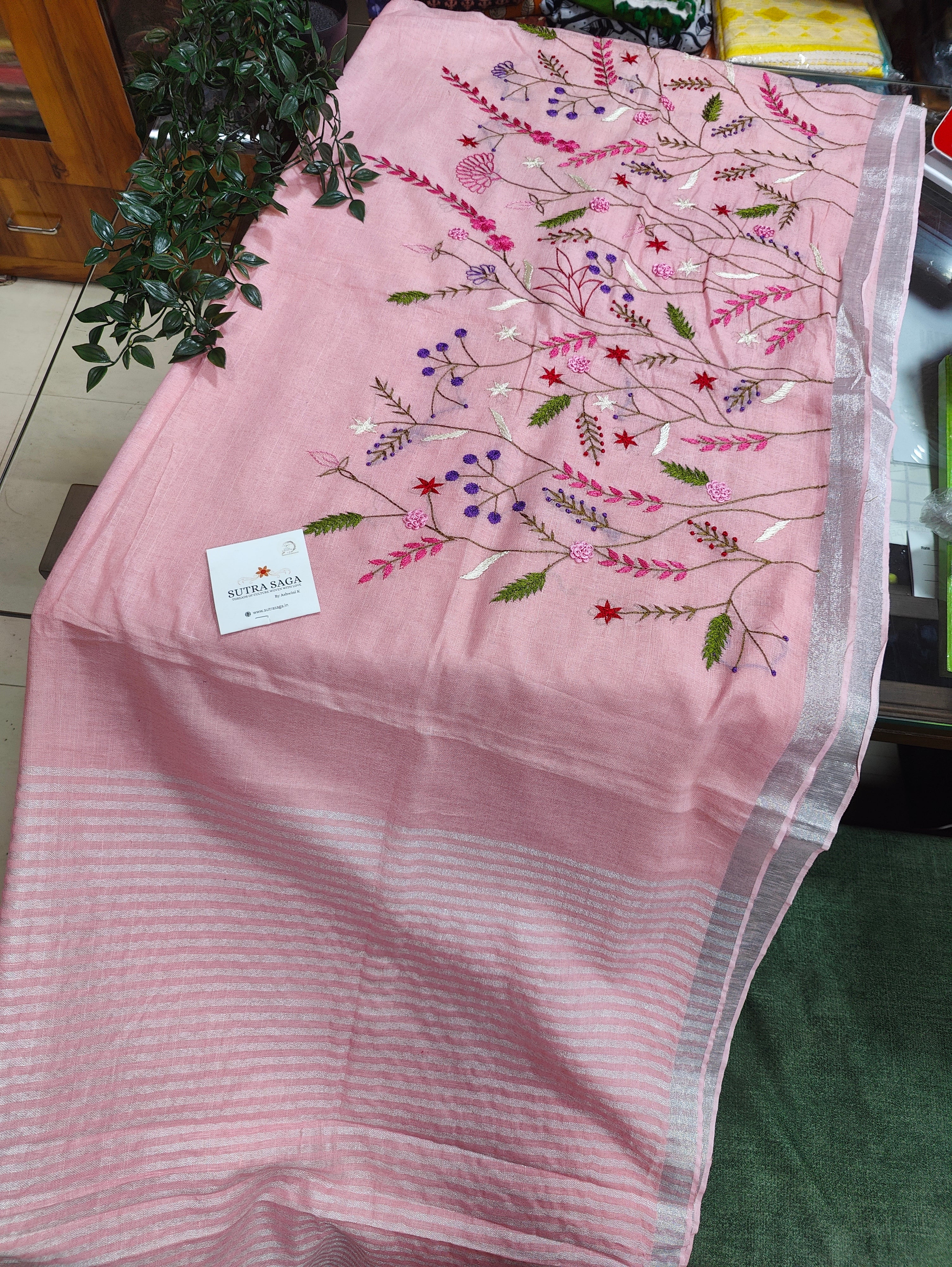 Pure Linen Hand Woven Hand Embroidered Sarees